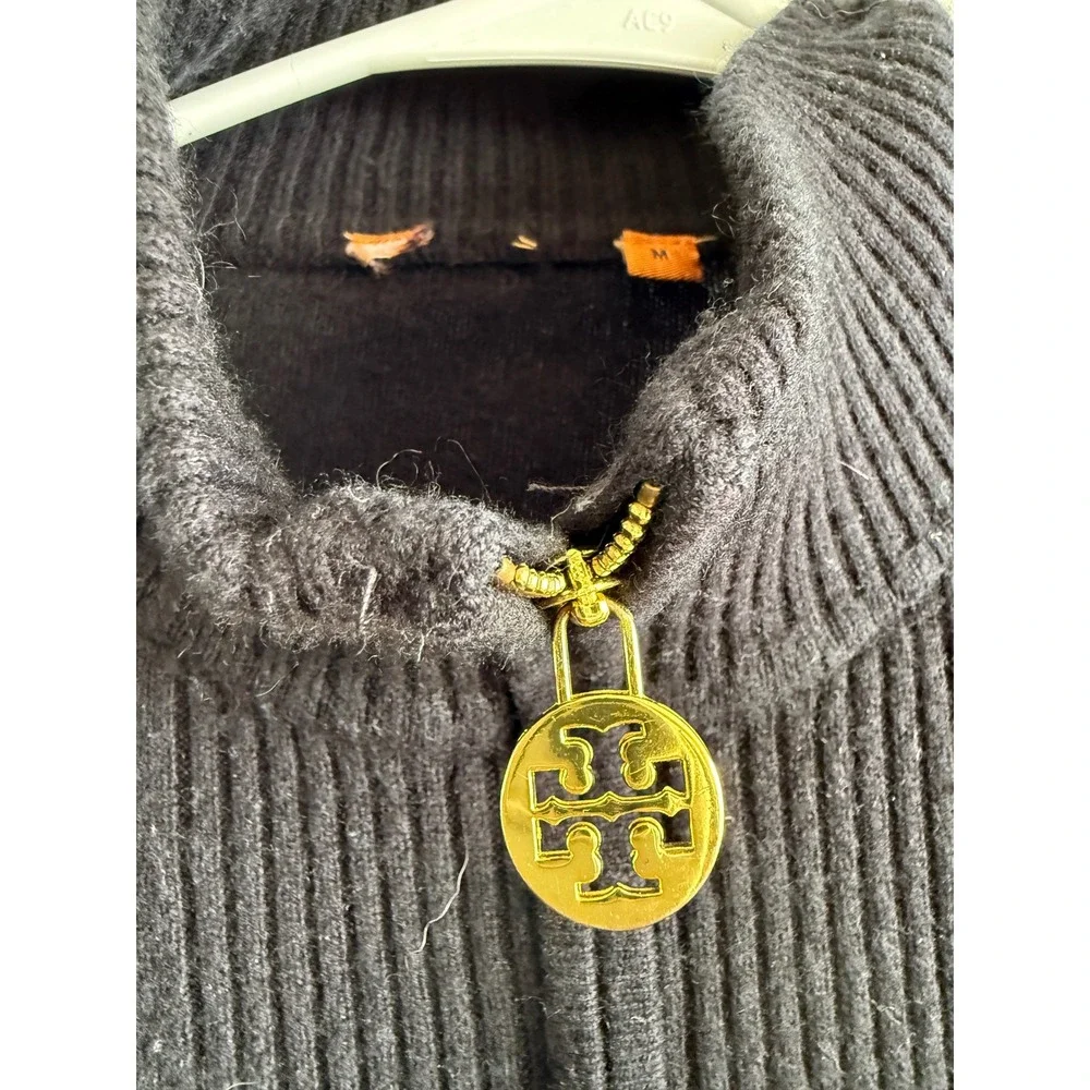 Tory Burch Black Wool Cashmere Quarter Zip Mock Neck Sweater Womens Size‎ M
